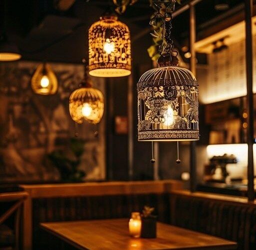 Restaurant chaleureux éclairé par des suspensions ajourées aux tons dorés